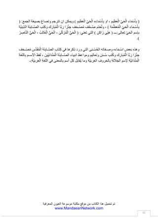 ‫العيون‬ ‫موسوعة‬ ‫مكتبة‬ ‫موقع‬ ‫من‬ ‫الكتاب‬ ‫هذا‬ ‫تحميل‬ ‫تم‬‫المعرفية‬
www.MandaeanNetwork.com
31
ِ‫ي‬‫ُقا‬‫ي‬ َ‫و‬ ، ْ‫م‬ِ‫ه‬ِ‫ت‬َّ‫ض‬ِ‫ف‬ِ‫ب‬ َ‫ال‬ َ‫و‬ ، ْ‫م‬ِ‫ه‬ِ‫ب‬َ‫ه‬َ‫ذ‬ِ‫ب‬ َ‫ال‬ ‫وا‬ُ‫ر‬َ‫ت‬ْ‫ش‬َ‫ي‬ ْ‫م‬َ‫ل‬ ‫ا‬َ‫م‬ َ‫ون‬ُ‫ع‬‫ي‬ِ‫ب‬َ‫ي‬ َ‫ِين‬‫ذ‬َّ‫ال‬ ِ‫ء‬ َ‫ُال‬‫ؤ‬ٰ‫ـ‬َ‫ه‬ ، ‫ْيا‬‫ب‬َ‫س‬ َ‫ة‬َ‫ي‬ِ‫ب‬‫ا‬َّ‫س‬‫ال‬ َ‫و‬ْ‫م‬َ‫ل‬ ‫ا‬َ‫م‬ َ‫ُون‬‫ض‬
َ‫ُوت‬‫ي‬ُ‫ب‬ َ‫و‬ ، ‫ُوا‬‫ب‬َ‫ه‬َ‫ن‬ َ‫و‬ ، ‫ُوا‬‫ب‬َ‫ه‬ ْ‫ر‬َ‫أ‬ َ‫ِين‬‫ذ‬َّ‫ال‬ ِ‫ء‬ َ‫ُال‬‫ؤ‬ٰ‫ـ‬َ‫ه‬ ، ْ‫م‬ِ‫ه‬ِ‫ت‬َ‫ار‬َ‫ج‬ِ‫ت‬ِ‫ب‬ َ‫وال‬ ْ‫م‬ِ‫ه‬ِ‫ل‬‫ا‬َ‫م‬ِ‫ب‬ َ‫ال‬ ‫وا‬ُ‫ن‬َ‫ت‬ْ‫ق‬َ‫ي‬ُ‫ل‬َ‫ع‬َ‫ج‬ ، ‫ُوا‬‫ب‬َ‫ل‬َ‫س‬ َ‫اس‬َّ‫ن‬‫ال‬‫وا‬
ْ‫ف‬َ‫ي‬ َ‫ال‬ َ‫و‬ َ‫ر‬ْ‫م‬َ ْ‫األ‬ َ‫ون‬ُ‫ر‬ُ‫م‬ْ‫أ‬َ‫ي‬ ، ‫يات‬ِ‫ن‬‫ا‬ َ‫ز‬ َ‫ء‬‫ا‬َ‫س‬ِّ‫ن‬‫ال‬ َ‫و‬ ، ‫َاة‬‫ن‬ُ‫ز‬ َ‫ل‬‫ا‬َ‫ج‬َّ‫الر‬ َ‫و‬ ، ‫اء‬َ‫م‬‫إ‬ َ‫ر‬ِ‫ئ‬‫را‬َ‫ح‬ْ‫ال‬ َ‫و‬ ، ‫ا‬‫يد‬ِ‫ب‬َ‫ع‬ َ‫ار‬ َ‫ر‬ْ‫ح‬َ ْ‫األ‬َ‫ون‬ُ‫ل‬َ‫ع‬
ٰ‫ى‬َ‫ل‬َ‫ع‬ َ‫ْن‬‫ب‬ ْ‫اال‬ َ‫ون‬ُ‫ر‬ُ‫ص‬ْ‫ن‬َ‫ي‬ ، ‫ْر‬‫ي‬َ‫غ‬ْ‫ال‬ َ‫ون‬ُ‫ع‬َ‫ف‬ْ‫ن‬َ‫ي‬ َ‫ال‬ َ‫و‬ ْ‫م‬ُ‫ه‬َ‫س‬ُ‫ف‬ْ‫ن‬َ‫أ‬ َ‫ون‬ُ‫ع‬َ‫ف‬ْ‫ن‬َ‫ي‬ َ‫و‬ ، ‫ْر‬‫ي‬َ‫خ‬ْ‫ال‬ِ‫م‬ َ‫ُون‬‫ب‬ُ‫ل‬ْ‫س‬َ‫ي‬ َّ‫م‬ُ‫ث‬ ، ِ‫ه‬‫ي‬ِ‫ب‬َ‫أ‬ِ‫ه‬ِ‫ت‬ْ‫ي‬َ‫ب‬ ْ‫ن‬
َ‫ال‬ َ‫و‬ ْ‫م‬ُ‫ه‬َ‫ل‬ َ‫ة‬َ‫ع‬‫ا‬َ‫ف‬َ‫ش‬ َ‫ال‬ ، َ‫ان‬ َ‫ير‬ِّ‫ن‬‫ال‬ َ‫و‬ ‫ة‬َ‫م‬ْ‫ل‬ُّ‫الظ‬ ْ‫م‬ُ‫ه‬ُ‫ير‬ ِ‫ص‬َ‫م‬ ، ‫ان‬َ‫ط‬ْ‫ي‬َّ‫ش‬‫ال‬ ُ‫ع‬‫ا‬َ‫ب‬ِّ‫ت‬‫ا‬ ِ‫ء‬ َ‫ُال‬‫ؤ‬ٰ‫ـ‬َ‫ه‬ َّ‫إن‬ ، ِ‫ه‬‫ي‬ِ‫ف‬ ‫ا‬َ‫م‬ َّ‫ل‬ُ‫ك‬‫ا‬ َ‫ر‬ْ‫ف‬ُ‫غ‬‫ن‬
.﴾
‫ك‬ ‫بان‬ ‫ؤمنين‬ُ‫م‬‫ل‬ِ‫ل‬ ‫يبين‬ ‫ما‬ ‫َّس‬‫د‬َ‫ق‬ُ‫م‬ْ‫ال‬ ‫ة‬َ‫ئ‬ِ‫ب‬‫ا‬َّ‫ص‬‫ال‬ ‫اب‬َ‫ت‬ِ‫ك‬ ‫ف‬ُ‫ح‬ُ‫ص‬ ِ‫ت‬‫آيا‬ ‫في‬ ‫وجاء‬‫ا‬ ‫هللا‬ ‫يعبدوا‬ ‫لم‬ ْ‫ن‬َ‫م‬ ‫ل‬ّ‫ي‬َ‫ح‬ْ‫ل‬
‫به‬ ‫اشركوا‬ ‫او‬ ‫اطلة‬َ‫ب‬ ‫وآلهة‬ ‫ارباب‬ ‫ن‬ِ‫م‬ ‫دونه‬ ‫ما‬ ‫يعبدون‬ ‫اتخذوا‬ ‫او‬ ، ‫العلي‬ ‫االنوار‬ ‫ملك‬ ‫ظيم‬َ‫ع‬ْ‫ال‬
، ‫ان‬َ‫ط‬ْ‫ي‬َّ‫ش‬‫ال‬ ْ‫م‬ُ‫ه‬َ‫ل‬ ُ‫ه‬ُ‫ن‬َّ‫ي‬َ‫ز‬ُ‫ي‬ ‫ِي‬‫ذ‬َّ‫ال‬ ِّ‫ر‬َّ‫ش‬‫ال‬ ْ‫ن‬َ‫ع‬ ، ‫َّار‬‫د‬‫ال‬ َ‫ك‬ْ‫ل‬ِ‫ت‬ ‫ي‬ِ‫ف‬ َ‫ك‬ِ‫ئ‬‫ا‬َ‫ي‬‫ف‬ْ‫ص‬ ِ‫أل‬ ْ‫ل‬ُ‫ق‬ ‫وش‬ُ‫ن‬‫آ‬ ‫ْا‬‫ي‬ ﴿ ‫ار:ـ‬ّ‫ن‬‫ال‬ ‫صيرهم‬َ‫م‬‫ف‬
َّ‫ش‬‫ال‬ ْ‫ن‬َ‫ع‬ َ‫و‬ِ‫وم‬ُ‫م‬ُ‫س‬ ْ‫ن‬ِ‫م‬ ‫ة‬َ‫م‬‫ي‬ِ‫م‬َّ‫ن‬‫ال‬ َ‫و‬ ، َ‫د‬َ‫س‬َ‫ح‬ْ‫ال‬ َ‫و‬ ، َ‫ه‬ ْ‫ر‬ُ‫ك‬ْ‫ال‬ َّ‫إن‬ ْ‫م‬ُ‫ه‬َ‫ل‬ ْ‫ل‬ُ‫ق‬ ، ‫ان‬َ‫ط‬ْ‫ي‬َّ‫ش‬‫ال‬ ِ‫ه‬ِ‫ب‬ ْ‫م‬ُ‫ه‬ُ‫د‬َّ‫ع‬ َ‫و‬َ‫ت‬‫ي‬ ‫ِي‬‫ذ‬َّ‫ال‬ ِّ‫ر‬
‫و‬ ، ﴾ ‫ار‬َّ‫ن‬‫ال‬ ُ‫ه‬ُ‫ير‬َ‫ص‬َ‫م‬َ‫ف‬ ِ‫هلل‬‫ا‬ِ‫ب‬ ُ‫ك‬ َ‫ر‬ْ‫ش‬ُ‫ي‬ ْ‫ن‬َ‫م‬ ‫ا‬َّ‫م‬‫أ‬ ، ‫ار‬ َ‫و‬ْ‫ن‬َ ْ‫األ‬ ِ‫د‬َ‫ل‬َ‫ب‬ ٰ‫ى‬َ‫ل‬ِ‫إ‬ ‫ا‬َ‫ه‬ِ‫ب‬ ِ‫اح‬َ‫ص‬ِ‫ب‬ َ‫د‬َّ‫ع‬َ‫ص‬َ‫ت‬ ْ‫ن‬َ‫ل‬ َ‫و‬ ، ‫ار‬ َ‫ر‬ْ‫ش‬َ ْ‫األ‬‫ج‬‫اء‬
ْ‫ص‬ُ‫م‬ْ‫ال‬ ‫في‬َّ‫م‬‫ث‬ ﴿ ‫الصواب:ـ‬ ‫عن‬ ‫وبعيدين‬ ‫الحق‬ ‫عن‬ ‫ضالين‬ ‫والمشركين‬ ‫الكفار‬ ‫ان‬ ‫ك‬ َ‫ار‬َ‫ب‬ُ‫م‬ْ‫ال‬ ِ‫ف‬َ‫ح‬
َ‫ج‬ْ‫ح‬َ ْ‫األ‬ َ‫و‬ ِ‫ب‬‫َا‬‫ش‬ْ‫خ‬َ ْ‫األ‬ ‫ِي‬‫د‬ِ‫ب‬‫ا‬َ‫ع‬ َ‫و‬ ‫؛‬ ْ‫ار‬ َ‫و‬ْ‫ن‬ ْ‫األ‬ ِ‫ك‬ِ‫ل‬َ‫م‬ِ‫ب‬ ‫ا‬‫ث‬ِ‫ل‬‫ا‬َ‫ث‬ َ‫و‬ ، ‫ا‬‫ي‬ِ‫ن‬‫ا‬َ‫ث‬ َ‫ِين‬‫ك‬ ِ‫ر‬ْ‫ش‬ُ‫م‬ْ‫ال‬ ‫؛‬ ْ‫ار‬َّ‫ف‬ُ‫ك‬ْ‫ال‬ َ‫ة‬ َ‫ار‬َ‫د‬ ُ‫ت‬ْ‫ل‬َ‫ص‬ َ‫و‬، ِ‫ار‬
‫ا‬‫ت‬ ْ‫و‬َ‫ص‬ ُ‫ت‬ْ‫ع‬ِ‫م‬َ‫س‬ ‫؟‬َ‫ون‬ُ‫ه‬ِ‫ب‬ْ‫ش‬ُ‫ي‬ ‫ا‬َ‫ذ‬‫ا‬َ‫م‬ :َ‫ت‬ْ‫ل‬َ‫أ‬َ‫س‬‫اف‬َ‫ف‬ ِ‫ض‬ ٰ‫ى‬َ‫ل‬َ‫ع‬ ‫ا‬َ‫ه‬ُ‫ف‬ِ‫ق‬‫ُو‬‫ي‬ ، ْ‫ال‬َ‫ت‬ْ‫ح‬ُ‫م‬ ٌ‫ل‬َّ‫ل‬َ‫ض‬ُ‫م‬ ‫َا‬‫ه‬ُ‫د‬‫و‬ُ‫ق‬َ‫ي‬ ‫َم‬‫ن‬َ‫غ‬‫ك‬ :ْ‫ال‬َ‫ق‬
َ‫ال‬ ، ‫ا‬‫د‬َ‫ب‬‫أ‬ ٌ‫اش‬َ‫ط‬ِ‫ع‬ َ‫ي‬ِ‫ه‬َ‫ف‬ ، ْ‫ون‬ُ‫ك‬َ‫ي‬ ‫ا‬َ‫م‬ ُ‫د‬َ‫ع‬ْ‫ب‬‫أ‬ ُ‫ه‬َّ‫ن‬ِ‫ك‬ٰ‫ـ‬َ‫ل‬ ، ِ‫ُون‬‫ي‬ُ‫ع‬ْ‫ال‬ِ‫ب‬ ُ‫ه‬‫ا‬ َ‫ر‬َ‫ت‬ .. ‫ا‬َ‫ه‬َ‫ت‬ْ‫ح‬َ‫ت‬ ‫ي‬ ِ‫ر‬ْ‫ج‬َ‫ي‬ ُ‫ء‬‫ا‬َ‫م‬ْ‫ال‬ ، ‫ة‬َ‫ي‬ِ‫ل‬‫ا‬َ‫ع‬‫ب‬ِ‫ه‬ُ‫ة‬
ُ‫د‬‫ْع‬‫ب‬َ‫ي‬ ْ‫َت‬‫ن‬َ‫د‬ ‫ا‬َ‫ه‬ُ‫س‬‫و‬ُ‫ؤ‬ُ‫ر‬ ‫ا‬َ‫م‬َّ‫ل‬َ‫ك‬ َ‫و‬ ، ْ‫ء‬‫َا‬‫ش‬ْ‫ح‬َ ْ‫األ‬‫ان‬ ‫ك‬ َ‫ار‬َ‫ب‬ُ‫م‬ْ‫ال‬ ‫اب‬َ‫ت‬ِ‫ك‬ْ‫ال‬ ‫هذا‬ ِ‫ت‬‫آيا‬ ‫في‬ ‫وجاء‬ ، ﴾ ْ‫ء‬‫ا‬َ‫م‬ْ‫ال‬ ‫ا‬َ‫ه‬ْ‫ن‬َ‫ع‬
ِ‫م‬َ‫ال‬َّ‫الظ‬ ِ‫ق‬‫ا‬َ‫م‬ْ‫ع‬َ‫أ‬ ‫ي‬ِ‫ف‬ ، َ‫ون‬ُ‫ر‬ُ‫ف‬ْ‫ك‬َ‫ي‬ ْ‫م‬ِ‫ه‬َّ‫ب‬‫ر‬ِ‫ب‬ ‫وا‬ُ‫ن‬‫ا‬َ‫ك‬ ْ‫ن‬َ‫م‬ ُّ‫ل‬ُ‫ك‬ َ‫و‬ ( ‫حشرون:ـ‬َ‫ي‬‫س‬ ِ‫الم‬ّ‫الظ‬ ‫في‬ ‫افرين‬َ‫ك‬‫ال‬
‫من‬ ‫واج‬ّ‫والز‬ ‫االقتران‬ ‫حتى‬ ‫ة‬َ‫ئ‬ِ‫ب‬‫ا‬َّ‫ص‬‫ال‬ َ‫ِين‬‫ئ‬ِ‫ب‬‫ا‬َّ‫ص‬‫ال‬ ‫اب‬َ‫ت‬ِ‫ك‬ ‫نصوص‬ ‫وحرمت‬ ، ) َ‫ون‬ُ‫َر‬‫ش‬‫ُح‬‫ي‬‫الكف‬ِ‫ار‬
َ‫ين‬ ِ‫ر‬ِ‫ف‬‫ا‬َ‫ك‬ْ‫ال‬ ِ‫َاء‬‫ن‬ْ‫ب‬َ‫أ‬ ْ‫ن‬ِ‫م‬ ْ‫م‬ُ‫ه‬ُ‫ت‬‫َا‬‫ن‬َ‫ب‬ َ‫ون‬ُ‫ج‬ ِّ‫و‬ َ‫ز‬ُ‫ي‬ َ‫ِين‬‫ذ‬َّ‫ال‬ َّ‫إن‬ ﴿ ‫واألصنام:ـ‬ ‫األوثان‬ ‫وعابدي‬ ‫شركين‬ُ‫م‬‫وال‬
َ‫ب‬ْ‫ال‬ َ‫و‬ ‫ة‬َ‫ل‬ِ‫ك‬ ْ‫اآل‬ ِ‫ار‬َّ‫ن‬‫ال‬ِ‫ب‬ َ‫ُون‬‫ب‬َّ‫ذ‬َ‫ع‬ُ‫ي‬ ، ‫ُون‬‫د‬َ‫ل‬ْ‫ُج‬‫ي‬ ِ‫ار‬َّ‫ن‬‫ال‬ ِ‫ِياط‬‫س‬ِ‫ب‬ َ‫ك‬ِ‫ئ‬ٰ‫ـ‬َ‫ل‬‫و‬ُ‫أ‬ ، ‫ان‬َ‫ث‬ ْ‫و‬َ ْ‫األ‬ َ‫ة‬‫د‬َ‫ب‬َ‫ع‬ َ‫و‬ َ‫ِين‬‫ك‬ ِ‫ر‬ْ‫ش‬ُ‫م‬ْ‫ال‬ َ‫و‬َ‫ر‬ِ‫د‬
‫ي‬ ِ‫ر‬َ‫ح‬ْ‫ال‬ َ‫و‬ْ‫ت‬َ‫م‬ِّ‫د‬ُ‫ق‬ ‫ا‬َ‫م‬َّ‫ل‬ُ‫ك‬ ‫؛‬ َ‫ون‬ُ‫م‬َ‫د‬ْ‫ن‬َ‫ي‬ َ‫ين‬ ِ‫ح‬ ْ‫م‬ُ‫ه‬ُ‫م‬َ‫د‬َ‫ن‬ َ‫ال‬ َ‫و‬ ْ‫م‬ُ‫ه‬ُ‫ن‬ ْ‫ز‬ُ‫ح‬ ْ‫م‬ُ‫ه‬ُ‫ع‬َ‫ف‬ْ‫ن‬َ‫ي‬ َ‫ال‬ ، ‫ون‬ُ‫َر‬‫ش‬ْ‫ُح‬‫ي‬ ِ‫م‬َ‫ال‬َّ‫الظ‬ ‫ي‬ِ‫ف‬ َ‫و‬ ، ِ‫ق‬
ْ‫ن‬ِ‫م‬ َ‫ْف‬‫ي‬َ‫ك‬َ‫ف‬ ، ‫ا‬َ‫ه‬ْ‫ن‬َ‫ع‬ ‫ا‬َ‫ه‬‫ي‬ِ‫ب‬َ‫أ‬ ُ‫س‬ْ‫ف‬َ‫ن‬ ْ‫ت‬َ‫ل‬ِ‫ئ‬ُ‫س‬ َ‫ين‬ِ‫م‬ِّ‫َج‬‫ن‬ُ‫م‬‫ل‬ِ‫ل‬ ْ‫ت‬َ‫ع‬َ‫ك‬ َ‫ر‬ ْ‫أو‬ ، ِ‫َام‬‫ن‬ْ‫ص‬ ْ‫األ‬ ِ‫د‬ِ‫ب‬‫ا‬َ‫ع‬َ‫م‬ِ‫ل‬ ‫ا‬‫ان‬َ‫ب‬ ْ‫ر‬ُ‫ق‬ َّ‫ن‬ُ‫ه‬‫ا‬َ‫د‬ْ‫إح‬ْ‫م‬ُ‫ك‬ِ‫ب‬‫و‬ُ‫ن‬ُ‫ذ‬
.﴾ ‫ون‬ُ‫ل‬َّ‫ص‬َ‫ن‬َ‫ت‬َ‫ت‬
 