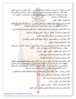 -9 ءواه ناويل ةَ : ل هَ الرحم ةَ ] الملواش ةََ [مالأس ال ةَين ( : لكلَ من ةََائ : سس دين ت تَ ب هََ * 
}الصبََاغة { أي التعمي ةََ ويك وََن سس الأم بع ةََ سس الول ةََ أو البنتََ اس اُمّ ال ةََين م ثََلا: 
}ه وََا بثََ مليح ةََ {؛ ل ذََا س يََكون سس مََ التعمي ةََ م بي اََن ب رََ مليح ةََ(} ب رََ { تعن : سب نََ ، 
وبالنسبة للإناث} بث{أبنة 
[32] 
-8 الكنيانة : الكِّنية : الل . * 
-11 شوش تََر :مةين ةََ س كََنها خل يََ أ م نََ المن ةََائيين والما وََس ث س كََنها المس لََمون بع ةََ الف تََ * 
الإسلام : ت غرب سيران محاذية لمةن العرا الانوبية الشرقية. 
-11 خأ منةائ آءام يعن : باسماا الح الع ي . }قة لا ي هر {لمن لي لةيه خأ آءام . * 
-12 طم ] منةائية [ : الزط الماا الااءي م ذكر اس الح .ِّ * 
-12 مبرو ومطروس: مُباءك ومُعمّـة بالمااِّ الح . * 
-14 مختاءا من }تعالي يحيا{ ]دءاشة اد يهيا[ الن الخام والعشرون. * 
-15 الصباغة ]منةائيّة[ : التعمية. * 
-16 م نََ ال نََ 27 م نََ تع اََلي يحي اََ م ب( * دءاش اََ أديهي اََ *. ترجم ةََ الاس تََاذ : أم يََن عي لََ * 
حطاب - وصياغة أدبية للشاعر سمي داوود سلمان - 1887 
-17 الرّباب الزي الخفيل . ال مين: الاةير ] عربية[ * 
-19 الكِّنزا ءبـا: كتاب الصاب ةّ المنةائيين الم ـةّس. * 
-18 سزاهاءا : كتابا تاءيخية باللزة المنةائيّة . * 
-21 منةادهي ]منةائ يّة [ تعن كائن ن وَءان منَ الأثُ رَي ال ذَين سلَحته الحي اَ الع ماَ بالي ةَ * 
والفطن ةََ ، وق ةََ علّ الإنس اََن الأول الع ي ةََ وأصوََل ال ةََين } ءاج ه وََام ال نََ الح اََدي 
والثلاث يَََن م نَََ دءاش ةَََ يهي اَََ م ب( وك ذَََلك اُطروح ةَََ الاُس تَََاذ عبةالماي ةَََ س عَََةون الص بَََاح 
} أسماا الأعلام كتاب كنزا ءبا {– اُطروحة ماجستير- ص 41 
-21 بر مم( سبن - هـوّا : حواا م لأن حرف الحاا اللزة المنةائيّة قة س أ من الإستعمال ( * 
-22 الريشمّ ا: دءجة دينية منةائية تعن : ءئي الأمّـة. * 
-22 البوث ،بواثا مم( مفردها: بوثـا: الآية. * 
-24 طم م م( : غطّ ، غسـل. * 
-25 سنةءكـا م م( : نخلــة . سوق : سءتفع * 
-26 كنــزا ء بّـا : كتاب الصاب ةّ المنةائيين الم ةّس ، ال س الأيمن * 
Download from: www.MandaeanNetwork.com 
 