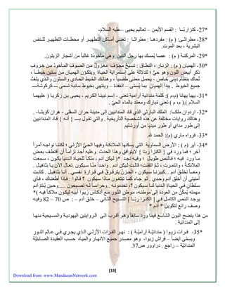 -27 كنزاء بّــا : ال س الأيمن – تعالي يحيا –عليه السلام- * 
-29 مطراث اََ: م م( : مفرده اََ : مطراث اََ : تعن أم اََكن التطهي رََ أو محط اََ التطهي رََ لل نََف * 
[33] 
البشرية ، بعة المو . 
-28 المر كنـة م م( : عصا يُمسك بها ءجل الةين وه منخوذ غالبا من أشااء الزيتون. * 
-21 الهميان م م( : الزن اَء ، النطاَ : نسيَ ماوَّف مز زَو ل منَ الصوَف الم نَخوذ منَ خرَو ف * 
ذك ر أبيل اللون وهو ح ؛ للةلالة علا سستَمراية الحي اَ .ويتك وَّن الهمي اَن منَ ستَين خيطـَا ، 
تُحاك بن ام دين خاَص - يحملَ معناَ ط سيَ ا ، وهنالكَ الخيَأ الحاَدي والستَون وال ذَي يللَُّ 
جمي الخيوط . يبةأ الهميان بما يُسمّ ا – الع ة – وينته بخيوط سائبة تسما ـــ كركوشةــــ 
-21 يهيا يهانا مم،م (: كلمة منةائية آءامية تعن - سس نبين اَ الك رَي - يحياَ بنَ زكري اَ م عليهم اَ * 
السلام (.م م، م ( تعن مُ باءك ومعمّة بالماا الح . 
-22 اءدوان ملكــا: الملك الباءث الذي قاد المنةائيين سلا مةينة حران السفلا - هران ك ويث ـَا- . * 
وهنالك ءوايا مختلفة عن هذه الشخصية التنءيخية . والت ت وَل بــ ـَ } أن هَ { ق اَد المن ةَائيين 
سلا طوء مةاي أو طوء ميةيا من اُوءشلي 
-22 رواه ماءي مم(: الحمة . * 
-24 آير مم ( : الأءض السماوية الت يسكنها الملائك ةَ و يه اَ الح الأزل ؛ لكنن اَ نواجهَ أم رَا * 
آخر ؛ ما وءد } الكنزا ءبـّا { لايتوا ق وهذا الحةث وعليه أجةَ لزام اَ أن أقتطلَ بعلَ 
م اََ وءد ي هََ ؛ اََلن طوي لََ ؛ و ي هََ نا ةََ *م ل يََكن آدم ، ملك اََ للحي اََ ال ةََنيا يك وََن ، س مََِّعت 
الملائك ةَُ ، وائتم رَ ، ث اتف تَ؛ قالتَ ل يَكن آدم . واح ةَا منّ اَ س يَكون .تع اَل الآن ي اَ بثاهي لَ . 
ومع ـََا نخل قََُ آدم ...كبي رن اََ س يََكون ، الح زََنُ يترق رََ ق رََاء نفس .. أن اََ بثاهي لََ . كان تََ 
أمنيت أن أخلق آدم وحةَي . ل وَ جاَا كم اَ تبتز وَن م اَذا سيَكون ؟ ق اَلوا : إَذا أطعن اَك ، نَي 
س لََطا ن الحي اََ ال ةََنيا لن اََ س يََكون ؟، تخةمون هََ ..وحراس اََ ل هََ تصبََحون .....وح يََن يُ تََ آدم 
مهمته يُمكّنُ من العود سلا موطن هَ، م وَطنِّ النّ وَء م أدك اَس زي وَا أبي هَ ليك وَن ملاك اَ ي هَ (* 
92 و ي هََ – يوج ةَ ال نَ الكام لَ ] الكن زَا ءبّ ـَا [ التس بَي الث اََن – خلقََ آدم – : ص 71 
وصل ءائ لتكوين * آدم * 
من هذا يتض البون الشاس يما وءد ساب ا وه وَ أق رَب الاَ ال رَوايتين اليهودي ةَ والمسيَحية منه اَ 
سلا المنةائية . 
-25 رََا زي وََا م منةائيّ ةََ آءاميّ ةََ ( : نه رََ الف رََا الأزل ال ذََي يا رََي ع اََل الن وََء * 
ويسمّا ايضا – راع زيوا- وهو مصةَء جمي الانه اَء والمي اَه حس الع ي ةَ الصاَب يّّة 
. المنةائيّة – ءاج . دءاووء ص 27 
Download from: www.MandaeanNetwork.com 
 