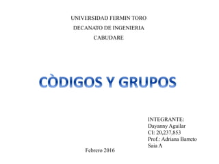 UNIVERSIDAD FERMIN TORO
DECANATO DE INGENIERIA
CABUDARE
INTEGRANTE:
Dayanny Aguilar
CI: 20,237,853
Prof.: Adriana Barreto
Saia A
Febrero 2016
 