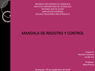 REPÚBLICA BOLIVARIANA DE VENEZUELA
INSTITUTO UNIVERSITARIO DE TECNOLOGIA
“ANTONIO JOSE DE SUCRE”
AMPLIACION GUARENAS
ESCUELA: RELACIONES INDUSTRIALES IV
MANDALA DE REGISTRO Y CONTROL
Integrante
Marelbis Perdomo
16.496.225
Profesor:
Alina Ponce
Guarenas, 05 de septiembre de 2018
 