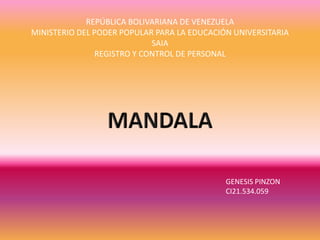 REPÚBLICA BOLIVARIANA DE VENEZUELA
MINISTERIO DEL PODER POPULAR PARA LA EDUCACIÓN UNIVERSITARIA
SAIA
REGISTRO Y CONTROL DE PERSONAL
GENESIS PINZON
CI21.534.059
 