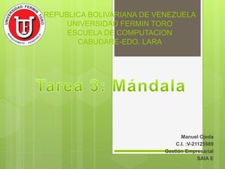 Manuel Ojeda
C.I. :V-21125989
Gestión Empresarial
SAIA E
REPUBLICA BOLIVARIANA DE VENEZUELA
UNIVERSIDAD FERMIN TORO
ESCUELA DE COMPUTACION
CABUDARE-EDO. LARA
 