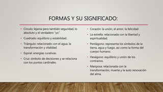 FORMAS Y SU SIGNIFICADO:
• Círculo: lejanía pero también seguridad, lo
absoluto y el verdadero “yo”.
• Cuadrado: equilibrio y estabilidad.
• Triángulo: relacionado con el agua, la
transformación y vitalidad.
• Espiral: energías curativas.
• Cruz: símbolo de decisiones y se relaciona
con los puntos cardinales.
• Corazón: la unión, el amor, la felicidad.
• La estrella: relacionada con la libertad y
espiritualidad.
• Pentágono: representa los símbolos de la
tierra, agua y fuego, así como la forma del
cuerpo humano.
• Hexágono: equilibrio y unión de los
contrarios.
• Mariposa: relacionada con la
transformación, muerte y la auto renovación
del alma.
 