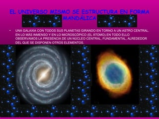 EL UNIVERSO MISMO SE ESTRUCTURA EN FORMA MANDÁLICA UNA GALAXIA CON TODOS SUS PLANETAS GIRANDO EN TORNO A UN ASTRO CENTRAL. EN LO MÁS INMENSO Y EN LO MICROSCÓPICO (EL ÁTOMO) .  EN TODO ELLO OBSERVAMOS LA PRESENCIA DE UN NÚCLEO CENTRAL, FUNDAMENTAL, ALREDEDOR DEL QUE SE DISPONEN OTROS ELEMENTOS.   