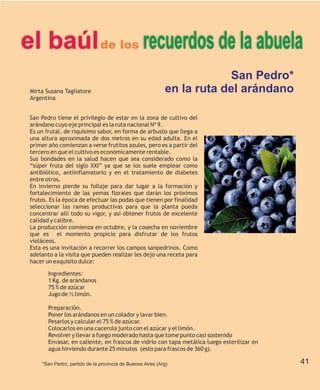 el baúl de los recuerdos de la abuela
                                                                        San Pedro*
 Mirta Susana Tagliatore                                    en la ruta del arándano
 Argentina


 San Pedro tiene el privilegio de estar en la zona de cultivo del
 arándano cuyo eje principal es la ruta nacional Nº 9.
 Es un frutal, de riquísimo sabor, en forma de arbusto que llega a
 una altura aproximada de dos metros en su edad adulta. En el
 primer año comienzan a verse frutitos azules, pero es a partir del
 tercero en que el cultivo es económicamente rentable.
 Sus bondades en la salud hacen que sea considerado como la
 “súper fruta del siglo XXI” ya que se los suele emplear como
 antibiótico, antiinflamatorio y en el tratamiento de diabetes
 entre otros.
 En invierno pierde su follaje para dar lugar a la formación y
 fortalecimiento de las yemas florales que darán los próximos
 frutos. Es la época de efectuar las podas que tienen por finalidad
 seleccionar las ramas productivas para que la planta pueda
 concentrar allí todo su vigor, y así obtener frutos de excelente
 calidad y calibre.
 La producción comienza en octubre, y la cosecha en noviembre
 que es el momento propicio para disfrutar de los frutos
 violáceos.
 Esta es una invitación a recorrer los campos sanpedrinos. Como
 adelanto a la visita que pueden realizar les dejo una receta para
 hacer un exquisito dulce:

        Ingredientes:
        1 Kg. de arándanos
        75 % de azúcar
        Jugo de ½ limón.

        Preparación.
        Poner los arándanos en un colador y lavar bien.
        Pesarlos y calcular el 75 % de azúcar.
        Colocarlos en una cacerola junto con el azúcar y el limón.
        Revolver y llevar a fuego moderado hasta que tome punto casi sostenido
        Envasar, en caliente, en frascos de vidrio con tapa metálica luego esterilizar en
        agua hirviendo durante 25 minutos (esto para frascos de 360 g).

     *San Pedro, partido de la provincia de Buenos Aires (Arg)                              41
 