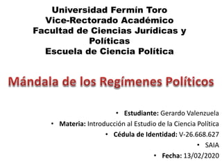 Universidad Fermín Toro
Vice-Rectorado Académico
Facultad de Ciencias Jurídicas y
Políticas
Escuela de Ciencia Política
• Estudiante: Gerardo Valenzuela
• Materia: Introducción al Estudio de la Ciencia Política
• Cédula de Identidad: V-26.668.627
• SAIA
• Fecha: 13/02/2020
 