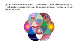 Ahora transformaremos nuestra circunferencia lobulada en un mandala
y la trabajaremos con música de fondo para sentirnos relajados y en paz
durante la clase.
 