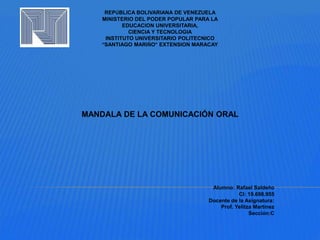 REPÚBLICA BOLIVARIANA DE VENEZUELA
MINISTERIO DEL PODER POPULAR PARA LA
EDUCACION UNIVERSITARIA,
CIENCIA Y TECNOLOGIA
INSTITUTO UNIVERSITARIO POLITECNICO
“SANTIAGO MARIÑO” EXTENSION MARACAY
Alumno: Rafael Saldeño
CI: 19.698.955
Docente de la Asignatura:
Prof. Yelitza Martínez
Sección:C
MANDALA DE LA COMUNICACIÓN ORAL
 