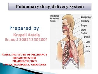 Pulmonary drug delivery system
PARUL INSTITUTE OF PHARMACY
DEPARTMENT OF
PHARMACEUTICS
LIMDA, WAGHODIA, VADODARA
 
