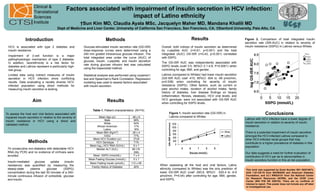 Clinical &
                      Translational
                                                 Factors associated with impairment of insulin secretion in HCV infection:
                      Sciences                                          impact of Latino ethnicity
                      Institute                             †Sun Kim MD, Claudia Ayala MSc, Jacquelyn Maher MD, Mandana Khalili MD
                                          Dept of Medicine and Liver Center, University of California San Francisco, San Francisco, CA; †Stanford University, Palo Alto, CA
                                                                                                                                                                                                                          UCSF
                Introduction                                                 Methods                                                                        Results                     Figure 2. Comparison of total integrated insulin
                                                                                                                                                                                        secretion rate (ISR-AUC) in relation to severity of
  HCV is associated with type 2 diabetes and                 Glucose-stimulated insulin secretion rate (GS-ISR)     Overall, both indices of insulin secretion as determined            insulin resistance (SSPG) in Latinos versus Whites
  insulin resistance.                                        dose-response curves were determined using a           by c-peptide AUC (r=0.61, p<0.001) and the total
                                                             240 min graded intravenous glucose infusion. The       integrated (AUC) GS-ISR (r=0.43, p<0.001) correlated
  Impairment of      -cell function is a major
                                                             total integrated area under the curve (AUC) of         with SSPG.
  pathophysiologic mechanism of type 2 diabetes.
                                                             glucose, insulin, c-peptide, and insulin secretion     The GS-ISR AUC was independently associated with
  In addition, race/ethnicity is a risk factor for
                                                             rate during glucose infusion test was calculated       SSPG levels (coef 3.5, 95%CI 2.1-4.8, P<0.0001) when
  diabetes and Latinos represent a particularly high-
                                                             using the trapezoidal method.                          controlling for age, BMI, and gender.
  risk group.
  Limited data using indirect measures of insulin            Statistical analysis was performed using unpaired t    Latinos (compared to Whites) had lower insulin secretion
  secretion in HCV infection show conflicting                test and Spearman’s Rank Correlation. Regression       (GS-ISR AUC coef -410, 95%CI -834 to -69 pmol/min,
  results. Data evaluating a racially diverse HCV-           modeling was used to assess factors associated         p=0.038) when controlling for severity of insulin
  infected population using direct methods for               with insulin secretion.                                resistance (SSPG). Other factors, such as current or
  measuring insulin secretion is lacking.                                                                           past alcohol intake, duration of alcohol intake, family
                                                                                                                    history of diabetes, liver disease findings on biopsy
                                                                                                                    (inflammation, fibrosis, steatosis), HCV viral levels, and
                                                                                                                    HCV genotype, were not associated with GS-ISR AUC
                     Aim                                                      Results                               when controlling for SSPG levels.

                                                                   Table 1. Patient characteristics (N=74)
To assess the host and viral factors associated with                                                                        Figure 1. Insulin secretion rate (GS-ISR) in                                 Conclusions
impaired insulin secretion in relation to the severity of               Mean Age (yr)             48 ± 9                    Latinos compared to Whites
                                                                             Male                  68%                                                                                  Latinos with HCV infection have a lower degree of
insulin resistance in HCV using a direct and                                                                                                                                            insulin secretion in relation to severity of insulin
                                                                            White                  54%




                                                                                                                         GS-ISR (pmol/min)
validated method.                                                                                                                            1200
                                                                      African American             17%                                       1000                                       resistance.
                                                                            Latino                 16%
                                                                                                                                              800
                                                                     Mean BMI (Kg/m2)             26 ± 4                                                                       White    There is a potential impairment of insulin secretion
                                                                                                                                              600
                                                                            IVDU                   77%                                                                         Latino   amongst the HCV-infected Latinos compared to
                                                                                                                                              400
                                                                   Mean HCV Duration (yr)          27±9                                                                                 other HCV-infected racial groups that may
                  Methods                                            HCV Genotype 1                71%
                                                                                                                                              200
                                                                                                                                                                                        contribute to a higher prevalence of diabetes in this
                                                                 Mean log10 HCV RNA (IU/mL)        6±1                                          0
                                                                                                                                                                                        population.
 74 consecutive non-diabetics with detectable HCV                    Median ALT (IU/L)            68 (19-                                           5   6      7      8    9
 RNA (by PCR) and no evidence of cirrhosis were                                                    556)                                                 Glucose (mmol/L)                Our data suggests a need for further evaluation of
 enrolled.                                                         Mean SSPG (mmol/dL)             7±4                                                                                  contribution of HCV per se to abnormalities in
                                                                Mean Fasting Glucose (mmol/L)      5±1                                                                                  insulin secretory function in this at-risk population.
 Insulin-mediated    glucose      uptake    (insulin             Mean Fasting Insulin (pmol/L)   112 ± 69
 resistance) was quantified by measuring the                                                                       When assessing all the host and viral factors, Latino
                                                                  Family History of Diabetes       40%
 steady-state     plasma       glucose     (SSPG)                                                                  ethnicity (compared to Whites) was the only predictor of             This work was supported by Grant Number R01 DK074673,
 concentration during the last 30 minutes of a 240-                                                                lower GS-ISR AUC (coef -263.6, 95%CI -520.4 to -6.9                  ADA 1-07-CR-70 from NIH/NIDDK and American Diabetes
 minute continuous infusion of octreotide, glucose                                                                 pmol/min, P=0.04) after controlling for age, BMI, gender,            Foundation, and UL1 RR024131 from the National Center
                                                                                                                                                                                        for Research Resources (NCRR), and the UCSF Liver
 and insulin.                                                                                                      and SSPG.
                                                                                                                                                                                        Center (NIH P30 DK 026743). There are no conflicts of
                                                                                                                                                                                        interest to report. This poster does not include any off label
                                                                                                                                                                                        or investigational use.
 