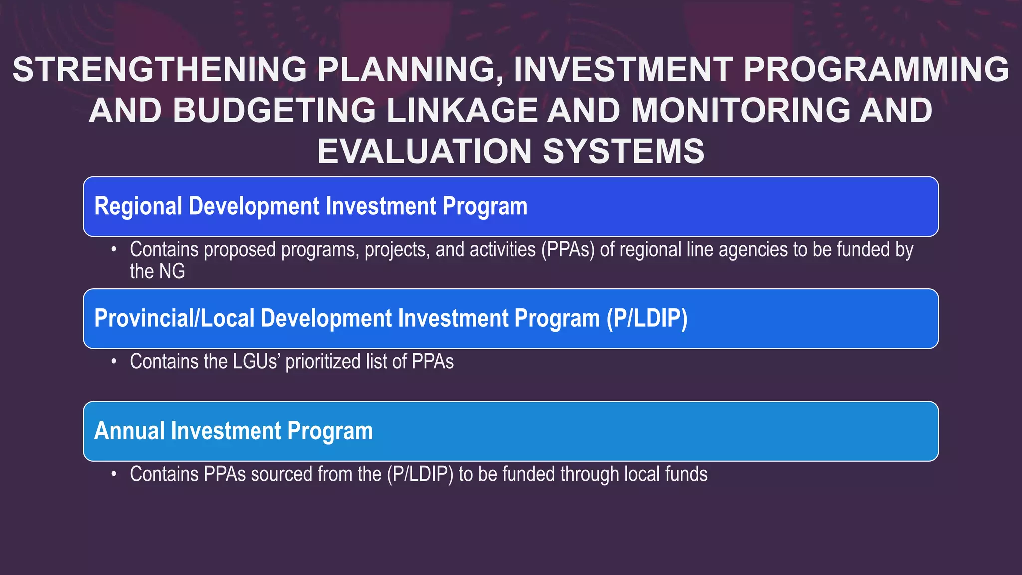 STRENGTHENING PLANNING, INVESTMENT PROGRAMMING
AND BUDGETING LINKAGE AND MONITORING AND
EVALUATION SYSTEMS
Regional Development Investment Program
• Contains proposed programs, projects, and activities (PPAs) of regional line agencies to be funded by
the NG
Provincial/Local Development Investment Program (P/LDIP)
• Contains the LGUs’ prioritized list of PPAs
Annual Investment Program
• Contains PPAs sourced from the (P/LDIP) to be funded through local funds
 