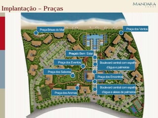 Implantação – Praças


            Praça Brisas do Mar                                           Praça dos Ventos




                                  Praça Bem Estar
                                       do

                          Praça dos Eventos          Boulevard central com espelho
                                                          d’água e palmeiras
                  Praça dos Sabores
                                                    Praça dos Encontros


                                                     Boulevard central com espelho
                       Praça dos Aromas               d’água e aleias de palmeiras
 