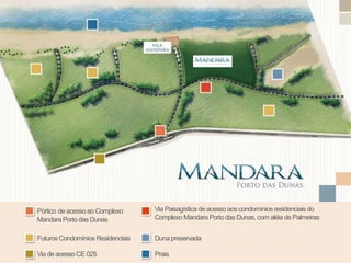Pórtico de acesso ao Complexo      Via Paisagística de acesso aos condomínios residenciais do
Mandara Porto das Dunas            Complexo Mandara Porto das Dunas, com aléia de Palmeiras


Futuros Condomínios Residenciais   Duna preservada

Via de acesso CE 025               Praia
 