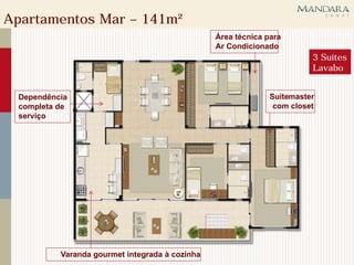 Apartamentos Mar – 141m²
                                                Área técnica para
                                                Ar Condicionado
                                                                        3 Suítes
                                                                        Lavabo


 Dependência                                                  Suítemaster
 completa de                                                   com closet
 serviço




          Varanda gourmet integrada à cozinha
 