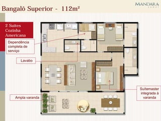Bangalô Superior - 112m²

 2 Suítes
 Cozinha
 Americana
  Dependência
  completa de
  serviço

        Lavabo




                           Suítemaster
                           integrada à
     Ampla varanda           varanda
 