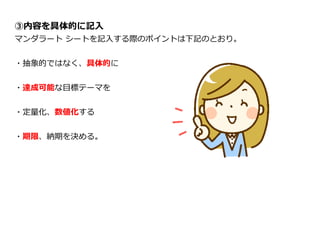 ③内容を具体的に記入
マンダラート シートを記入する際のポイントは下記のとおり。
・抽象的ではなく、具体的に
・達成可能な目標テーマを
・定量化、数値化する
・期限、納期を決める。
 