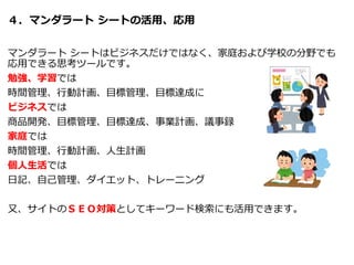 ４．マンダラート シートの活用、応用
マンダラート シートはビジネスだけではなく、家庭および学校の分野でも
応用できる思考ツールです。
勉強、学習では
時間管理、行動計画、目標管理、目標達成に
ビジネスでは
商品開発、目標管理、目標達成、事業計画、議事録
家庭では
時間管理、行動計画、人生計画
個人生活では
日記、自己管理、ダイエット、トレーニング
又、サイトのＳＥＯ対策としてキーワード検索にも活用できます。
 