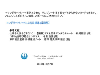＊マンダラートシート事例エクセル テンプレートは下記サイトからダウンロードできます、
アレンジしてビジネス、勉強、スポーツにご活用ください。
マンダラートシートによる目標達成【図解】
参考文献：
仕事も人生もうまくいく！ 【図解】９マス思考マンダラチャート 松村剛志 (著)
「成功」を呼び込む9つのマス 今泉 浩晃 (著)
原田隆史監修 目標達成ノート 原田 隆史原田 隆史 (著)
ク コンサルティング
ク コンサルティング
2019年10月2日
クレイン テクノ コンサルティング
Ｃｒａｎｅ ｔｅｃｈｎｏ Ｃｏｎｓｕｌｔｉｎｇ．
 