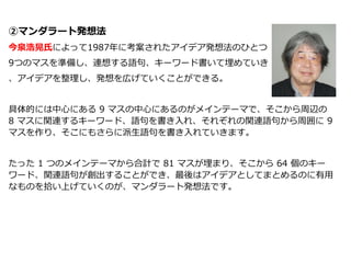 ②マンダラート発想法
今泉浩晃氏によって1987年に考案されたアイデア発想法のひとつ
9つのマスを準備し、連想する語句、キーワード書いて埋めていき
、アイデアを整理し、発想を広げていくことができる。
具体的には中心にある 9 マスの中心にあるのがメインテーマで、そこから周辺の
8 マスに関連するキーワード、語句を書き入れ、それぞれの関連語句から周囲に 9
マスを作り、そこにもさらに派生語句を書き入れていきます。
たった 1 つのメインテーマから合計で 81 マスが埋まり、そこから 64 個のキー
ワード、関連語句が創出することができ、最後はアイデアとしてまとめるのに有用
なものを拾い上げていくのが、マンダラート発想法です。
 