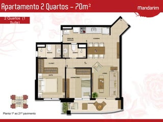 Apartamento 2 Quartos - 70m²
Planta 1º ao 21º pavimento
2 Quartos (1
Suíte)
 