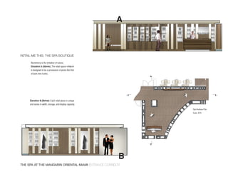 A



reTail me This: The spa bouTique

      Biomimicry	is	the	imitation	of	nature.	
      Elevation A (Above): The	retail	space	millwork	
      is	designed	to	be	a	procession	of	posts	like	that	
      of	bare	tree	trunks.	
                                                                                                 B                                                                           ROBERT D. HENRY
                                                                                                                                                                                                    architects
                                                                             A - A   S   P       A       R   E   T   A       I   L                                                      © ROBERT D. HENRYarchiects, PLLC 2009
                                                                                                                                                                          37 East 18th Street 10th Floor New York NY 10003
                                                                                                                                                                          t.212.533.4145 f.212.598.9028 www.rdh-architects.com




                                                                A                                                                                                                                                A



     Elevation B (Below): Each	retail	piece	is	unique	
     and	varies	in	width,	storage,	and	display	capacity.
                                                                                                                                                             Spa	Boutique	Plan
                                                                                                                                                             Scale:	NTS




                                                                                                 B                                                                                                                 ROBERT D. H
                                                                                                                                                                                                                                           arc
                                                                                             P       L   A   N       S   P       A   R   E   T   A   I   L                                                                       © ROBERT D. HENRYa




                                                           B
                                                                                                                                                                                                               37 East 18th Street 10th Floor Ne
                                                                                                                                                                                                               t.212.533.4145 f.212.598.9028 www.




the spa at the mandarin oriental miami entrance corridor


                                                           ROBERT D. HENRY
 