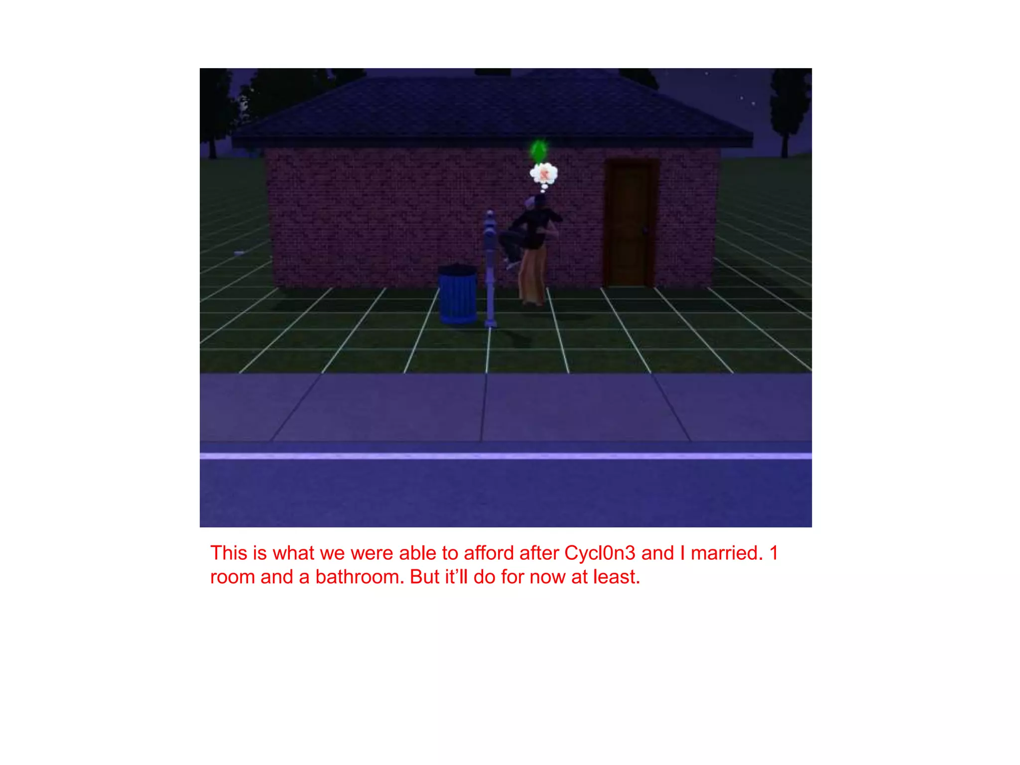 This is what we were able to afford after Cycl0n3 and I married. 1 room and a bathroom. But it’ll do for now at least. 