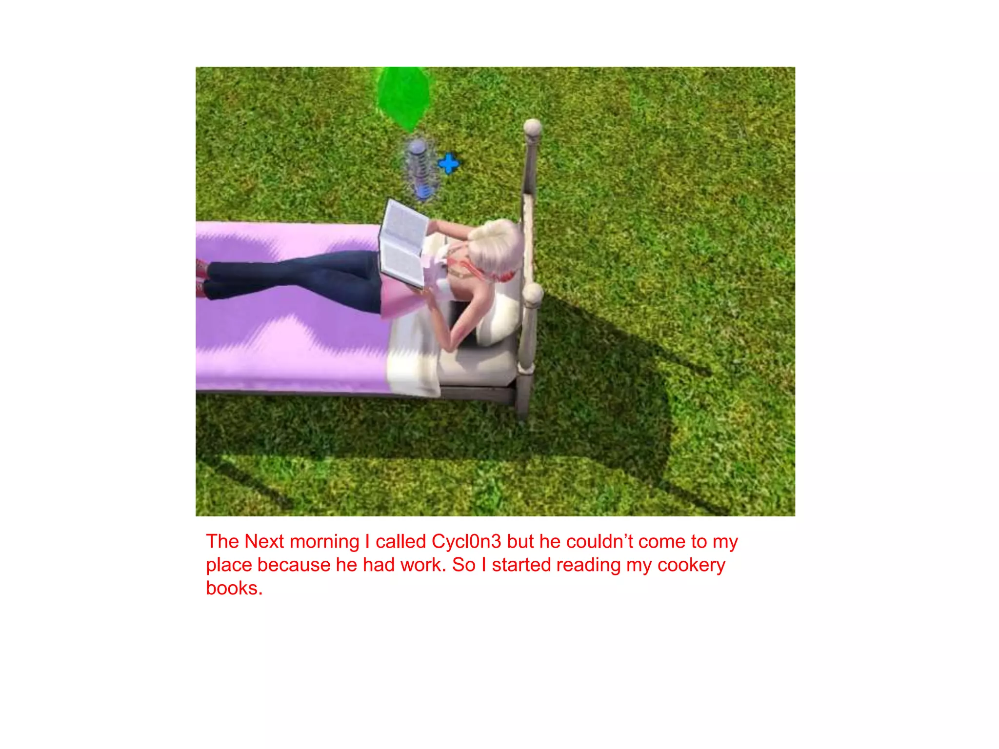 The Next morning I called Cycl0n3 but he couldn’t come to my place because he had work. So I started reading my cookery books. 