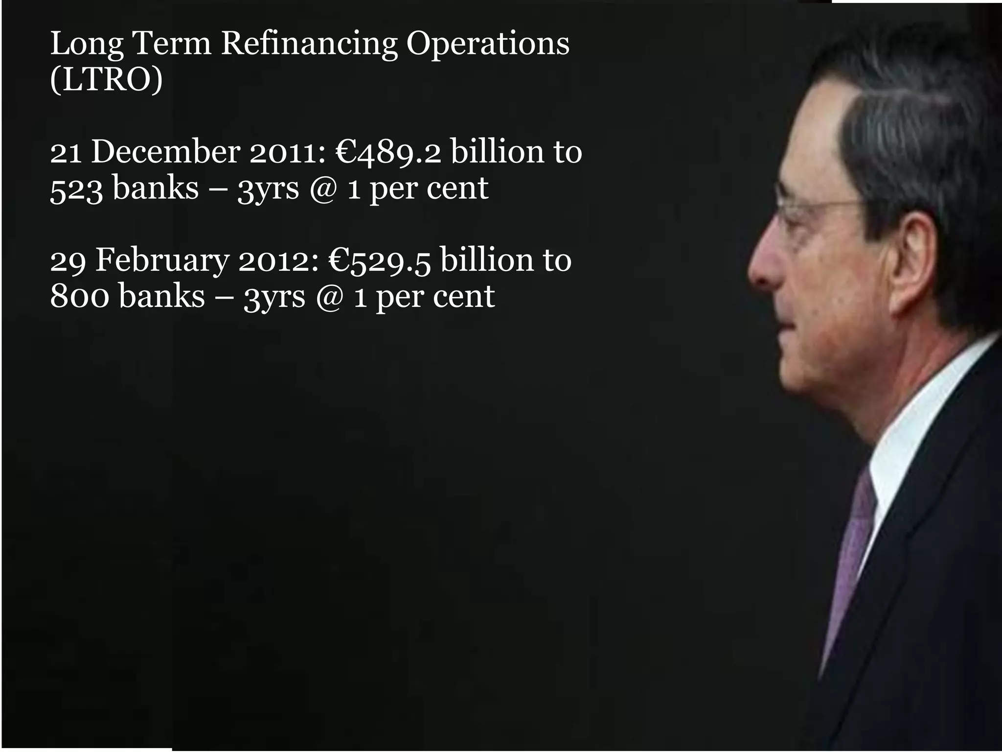 Long Term Refinancing Operations
(LTRO)
21 December 2011: €489.2 billion to
523 banks – 3yrs @ 1 per cent
29 February 2012: €529.5 billion to
800 banks – 3yrs @ 1 per cent

 