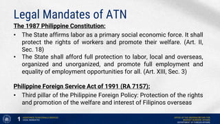 Legal Mandates of ATN
The 1987 Philippine Constitution:
• The State affirms labor as a primary social economic force. It shall
protect the rights of workers and promote their welfare. (Art. II,
Sec. 18)
• The State shall afford full protection to labor, local and overseas,
organized and unorganized, and promote full employment and
equality of employment opportunities for all. (Art. XIII, Sec. 3)
Philippine Foreign Service Act of 1991 (RA 7157):
• Third pillar of the Philippine Foreign Policy: Protection of the rights
and promotion of the welfare and interest of Filipinos overseas
ASSISTANCE-TO-NATIONALS SERVICES
LEGAL MANDATES
1 OFFICE OF THE UNDERSECRETARY FOR
MIGRANT WORKERS’ AFFAIRS
DEPARTMENT OF FOREIGN AFFAIRS
 