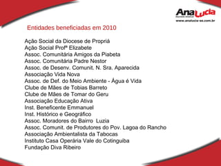 Entidades beneficiadas em 2010 Ação Social da Diocese de Propriá  Ação Social Profª Elizabete Assoc. Comunitária Amigos da Piabeta Assoc. Comunitária Padre Nestor  Assoc. de Desenv. Comunit. N. Sra. Aparecida Associação Vida Nova Assoc. de Def. do Meio Ambiente - Água é Vida Clube de Mães de Tobias Barreto Clube de Mães de Tomar do Geru  Associação Educação Ativa Inst. Beneficente Emmanuel Inst. Histórico e Geográfico  Assoc. Moradores do Bairro  Luzia Assoc. Comunit. de Produtores do Pov. Lagoa do Rancho Associação Ambientalista da Tabocas  Instituto Casa Operária Vale do Cotinguiba Fundação Diva Ribeiro  