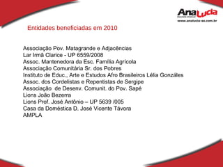 Entidades beneficiadas em 2010 Associação Pov. Matagrande e Adjacências Lar Irmã Clarice - UP 6559/2008 Assoc. Mantenedora da Esc. Família Agrícola Associação Comunitária Sr. dos Pobres Instituto de Educ., Arte e Estudos Afro Brasileiros Lélia Gonzáles  Assoc. dos Cordelistas e Repentistas de Sergipe  Associação  de Desenv. Comunit. do Pov. Sapé Lions João Bezerra Lions Prof. José Antônio – UP 5639 /005 Casa da Doméstica D. José Vicente Távora AMPLA 