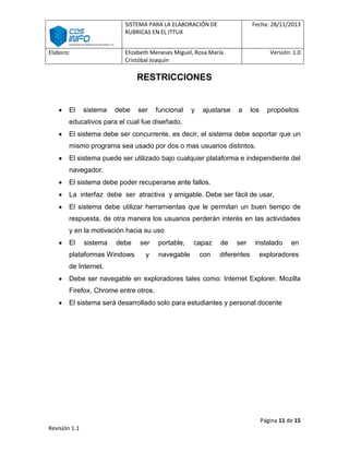SISTEMA PARA LA ELABORACIÓN DE
RUBRICAS EN EL ITTUX
Elaboro:

Fecha: 28/11/2013

Elizabeth Meneses Miguel, Rosa María
Cristóbal Joaquín

Versión: 1.0

RESTRICCIONES

El

sistema

debe

ser

funcional

y

ajustarse

a

los

propósitos

educativos para el cual fue diseñado.
El sistema debe ser concurrente, es decir, el sistema debe soportar que un
mismo programa sea usado por dos o mas usuarios distintos.
El sistema puede ser utilizado bajo cualquier plataforma e independiente del
navegador.
El sistema debe poder recuperarse ante fallos.
La interfaz debe ser atractiva y amigable. Debe ser fácil de usar.
El sistema debe utilizar herramientas que le permitan un buen tiempo de
respuesta, de otra manera los usuarios perderán interés en las actividades
y en la motivación hacia su uso
El

sistema

debe

plataformas Windows

ser
y

portable,
navegable

capaz
con

de

ser

diferentes

instalado

en

exploradores

de Internet.
Debe ser navegable en exploradores tales como: Internet Explorer, Mozilla
Firefox, Chrome entre otros.
El sistema será desarrollado solo para estudiantes y personal docente

Página 11 de 15
Revisión 1.1

 