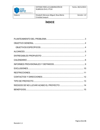 SISTEMA PARA LA ELABORACIÓN DE
RUBRICAS EN EL ITTUX
Elaboro:

Elizabeth Meneses Miguel, Rosa María
Cristóbal Joaquín

Fecha: 28/11/2013

Versión: 1.0

ÍNDICE

PLANTEAMIENTO DEL PROBLEMA. .................................................................... 3
OBJETIVO GENERAL. ........................................................................................... 4
OBJETIVOS ESPECÍFICOS ................................................................................ 4
ALCANCES. ............................................................................................................ 5
ENTREGABLES PROPUESTO .............................................................................. 7
CALENDARIO ......................................................................................................... 8
INFORMES PROVISIONALES Y DEFINIDOS........................................................ 9
EXCLUSIONES ..................................................................................................... 10
RESTRICCIONES ................................................................................................. 11
CONTACTOS Y DIRECCIONES........................................................................... 12
TIPO DE PROYECTO ........................................................................................... 13
RIESGOS DE NO LLEVAR ACABO EL PROYECTO ........................................... 14
BENEFICIOS......................................................................................................... 15

Página 2 de 15
Revisión 1.1

 