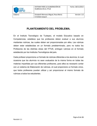 SISTEMA PARA LA ELABORACIÓN DE
RUBRICAS EN EL ITTUX
Elaboro:

Fecha: 28/11/2013

Elizabeth Meneses Miguel, Rosa María
Cristóbal Joaquín

Versión: 1.0

PLANTEAMIENTO DEL PROBLEMA.
En el Instituto Tecnológico de Tuxtepec, el modelo Educativo basado en
Competencias, establece que los profesores deben evaluar a sus alumnos
mediantes rubricas, las cuales deben ser proporcionadas por ellos. Las rubricas
deben estar establecidas en un formato predeterminado, pero no todos los
Profesores de las distintas áreas del ITTUX, entregan rubricas en el formato
establecido por los Institutos Tecnológicos del país.
Cada profesor proporciona un formato de rubricas diferentes a los alumnos, lo cual
ocasiona que los alumnos no sean evaluados de la misma forma en todas las
materias impartidas por sus diferentes profesores, para ellos es necesario contar
con un sistema de Elaboración de rubricas, el cual proporcione un formato único,
que todos profesores puedan utilizar y así proporcionar el mismo formato de
rubricas a todos los estudiantes.

Página 3 de 15
Revisión 1.1

 