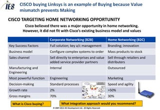 CISCO buying Linksys is an example of Buying because Value
      mismatch prevents Making
CISCO TARGETING HOME NETWORKING OPPORTUNITY
         Cisco believed there was a major opportunity in home networking.
        However, it did not fit with Cisco’s existing business model and values

                          Corporate Networking (B2B)                               Home Networking (B2C)
Key Success Factors       Full solution; key a/c management                        Branding; innovation
Business model            Configure complex systems to order                       Mass products to stock
Sales channel             Sell directly to enterprises and value Sell through retailers and
                          added service provider partners        distributers
Manufacturing and         Internal                                                 Outsourced
Engineering
Most powerful function    Engineering                                              Marketing
Decision-making           Standard processes                                       Speed and agility
Growth rate               2%                                                       >50%
Gross margins             70%                                                      30%

  What is Cisco buying?              What integration approach would you recommend?
                            © 2007-2013 IES Development Ltd. All Rights Reserved
 