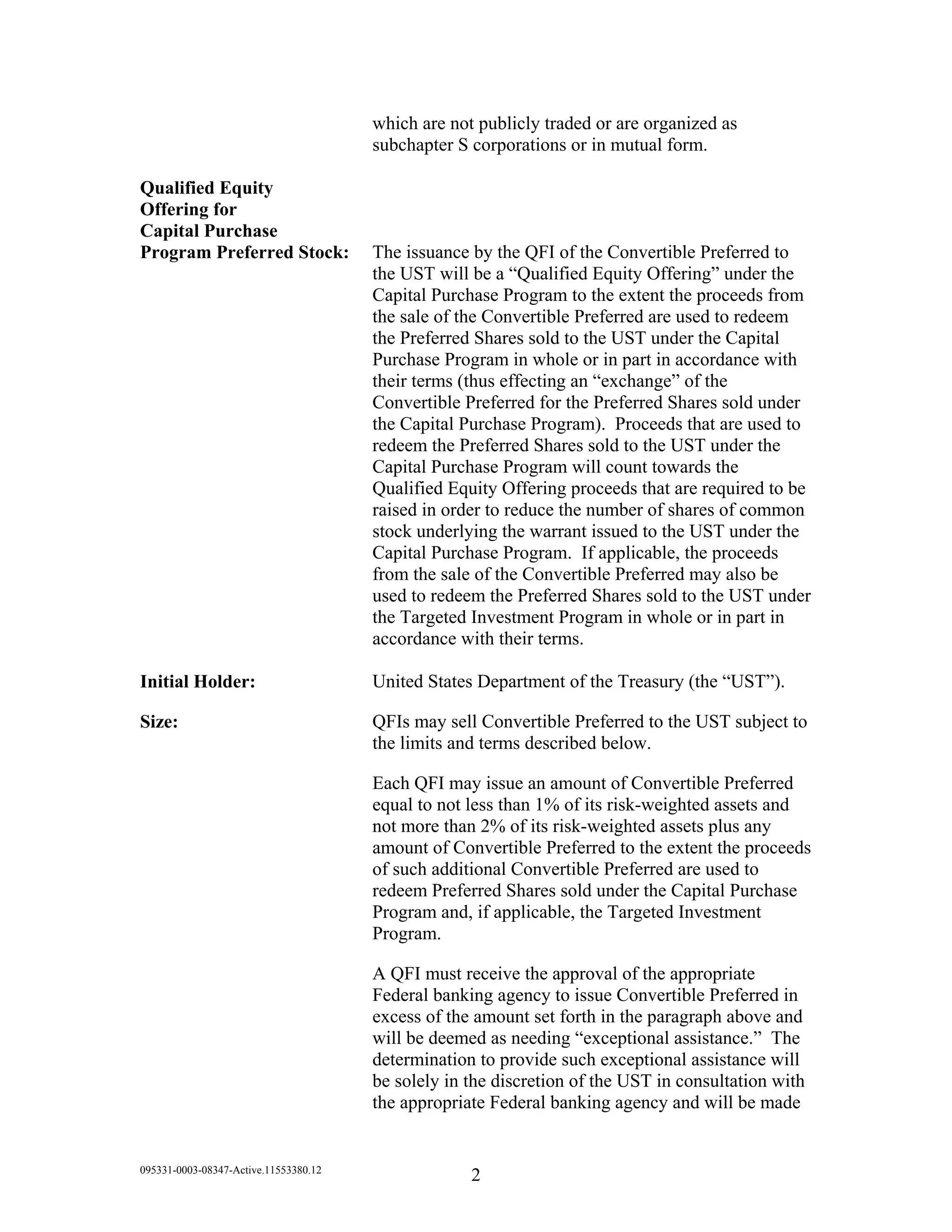 Mandatorily Convertible Preferred Stock And Warrants 02 2009