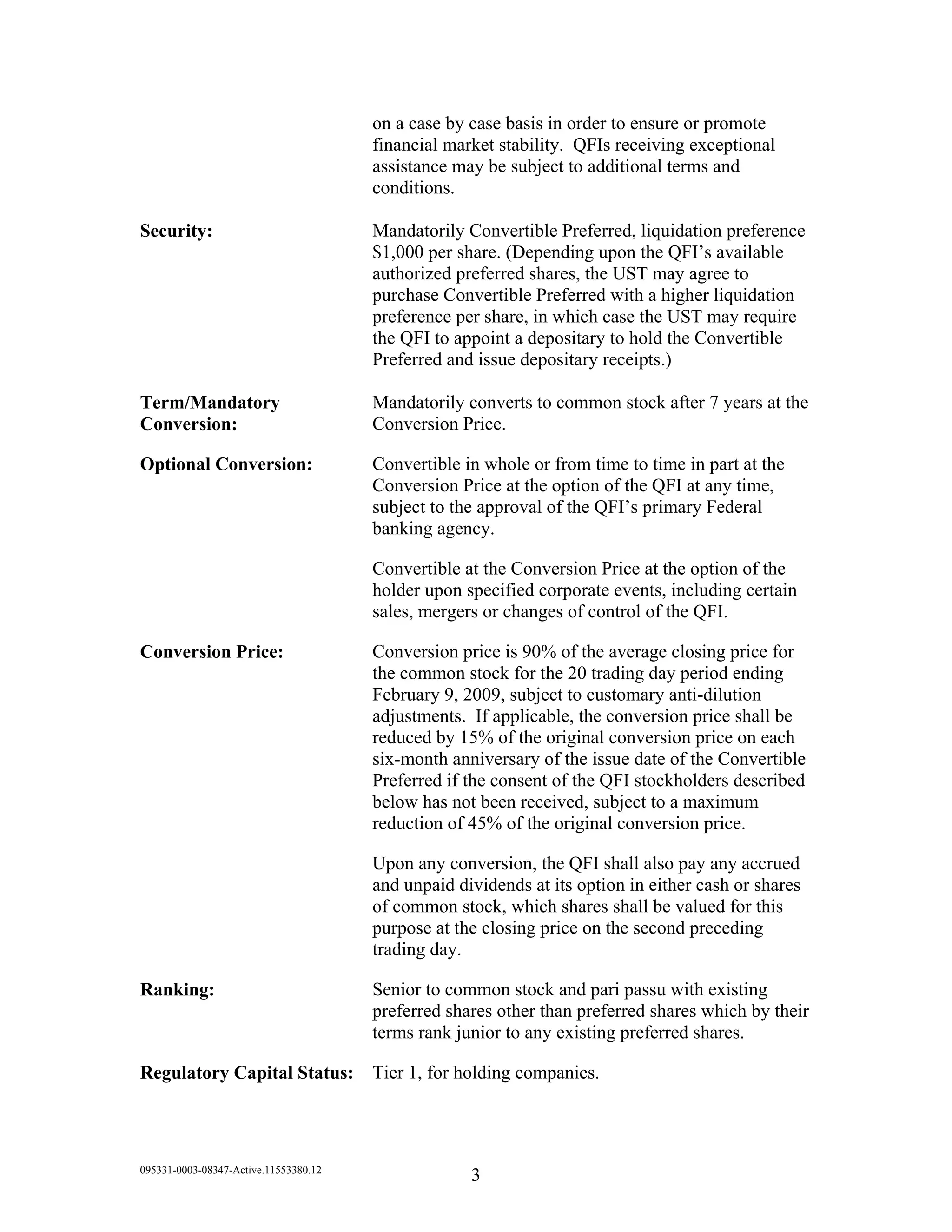 Mandatorily Convertible Preferred Stock And Warrants 02 2009