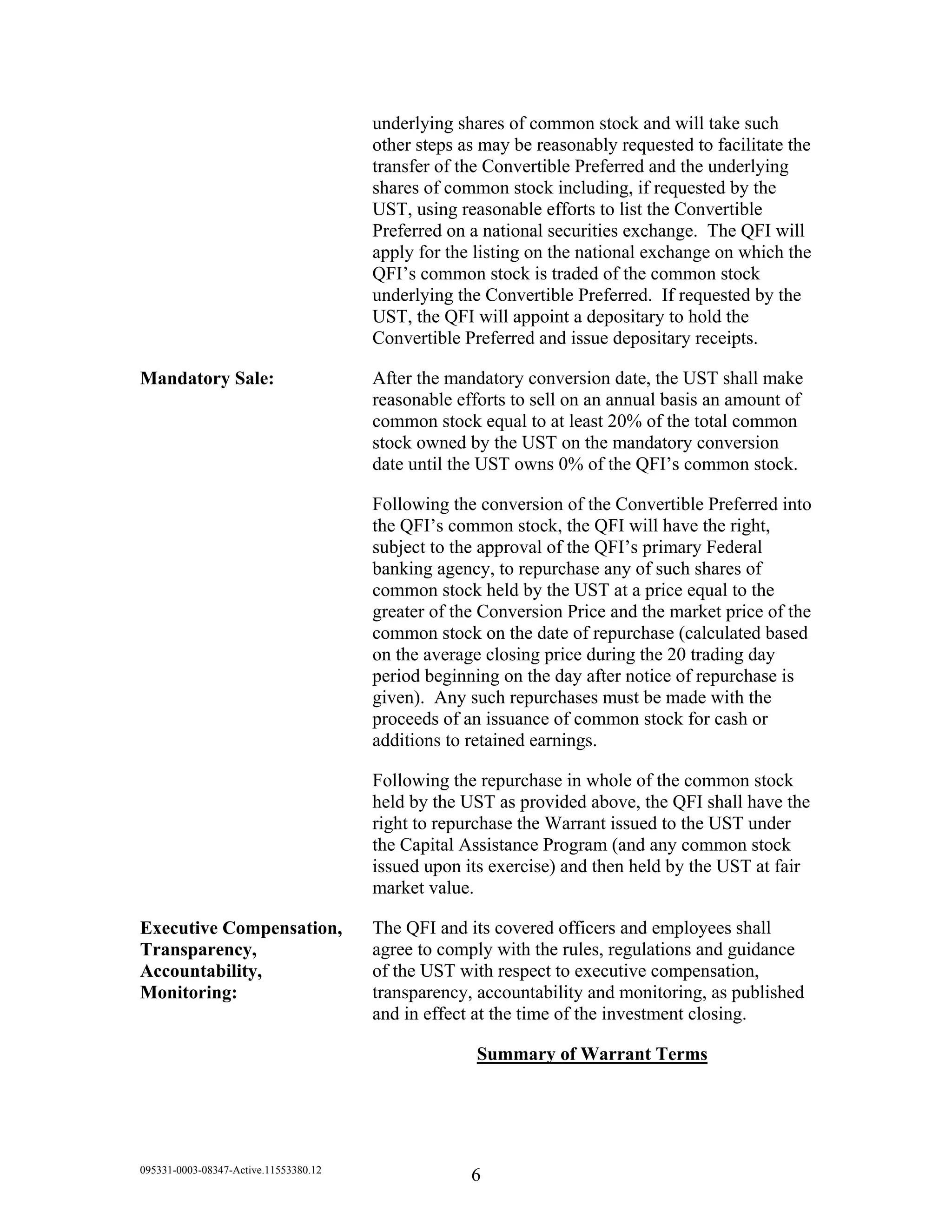 Mandatorily Convertible Preferred Stock And Warrants 02 2009