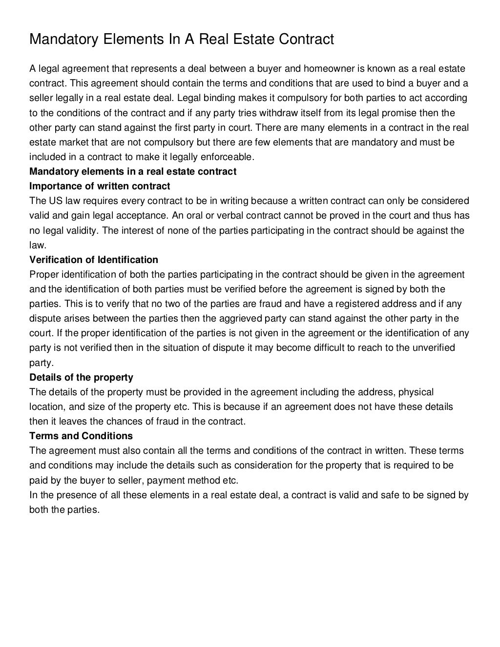 Mandatory elements in a real estate contract