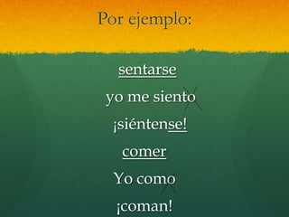 Por ejemplo:
sentarse
yo me siento
¡siéntense!
comer
Yo como
¡coman!
 