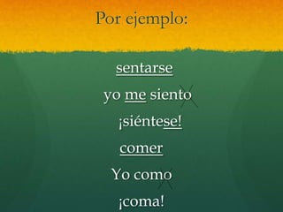 Por ejemplo:
sentarse
yo me siento
¡siéntese!
comer
Yo como
¡coma!
 