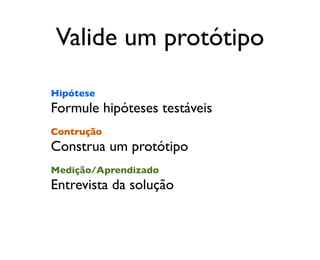 Valide um protótipo
Hipótese
Formule hipóteses testáveis
Contrução
Construa um protótipo
Medição/Aprendizado
Entrevista da solução
 