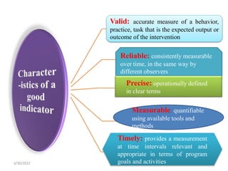 Measurable: quantifiable
using available tools and
methods
Valid: accurate measure of a behavior,
practice, task that is the expected output or
outcome of the intervention
Reliable: consistently measurable
over time, in the same way by
different observers
Precise: operationally defined
in clear terms
Timely: provides a measurement
at time intervals relevant and
appropriate in terms of program
goals and activities
3/30/2022
 