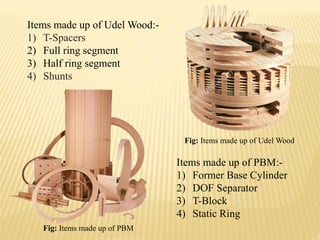 Items made up of PBM:-
1) Former Base Cylinder
2) DOF Separator
3) T-Block
4) Static Ring
Items made up of Udel Wood:-
1) T-Spacers
2) Full ring segment
3) Half ring segment
4) Shunts
Fig: Items made up of Udel Wood
Fig: Items made up of PBM
 