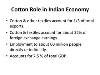 Cotton Role in Indian EconomyCotton & other textiles account for 1/3 of total exports.Cotton & textiles account for about 32% of foreign exchange earnings.Employment to about 60 million people directly or indirectly.Accounts for 7.5 % of total GDP.