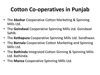 Cotton Co-operatives in PunjabThe Abohar Cooperative Cotton Marketing & Spinning Mills Ltd.The Goindwal Cooperative Spinning Mills Ltd. Goindwal Sahib.The KotkapuraCooperative Spinning Mills Ltd. Sandhwan.The BarnalaCooperative Cotton Marketing and Spinning Mills Ltd.The BathindaIntegrated Cotton Ginning & Spinning Mills Ltd. Bathinda.The Mansa Cooperative Spinning Mills Ltd. 