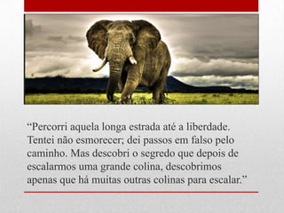 ―Percorri aquela longa estrada até a liberdade.
Tentei não esmorecer; dei passos em falso pelo
caminho. Mas descobri o segredo que depois de
escalarmos uma grande colina, descobrimos
apenas que há muitas outras colinas para escalar.‖
 