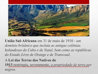 União Sul-Africana em 31 de maio de 1910 - um
domínio britânico que incluía as antigas colônias
holandesas do Cabo e de Natal, bem como as repúblicas
do Estado Livre de Orange e de Transvaal.
A Lei das Terras dos Nativos de
1913 restringiu, severamente, a propriedade de terra por
negros.
 