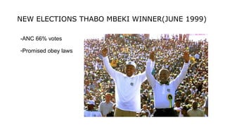 NEW ELECTIONS THABO MBEKI WINNER(JUNE 1999)
-ANC 66% votes
-Promised obey laws
 